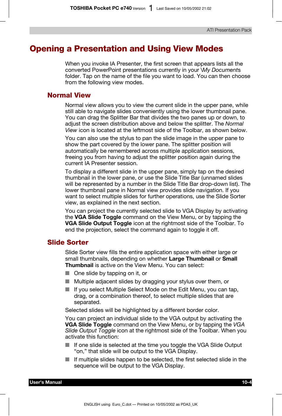 Opening a presentation and using view modes, Normal view, Slide sorter | Toshiba Pocket PC e740 User Manual | Page 145 / 182