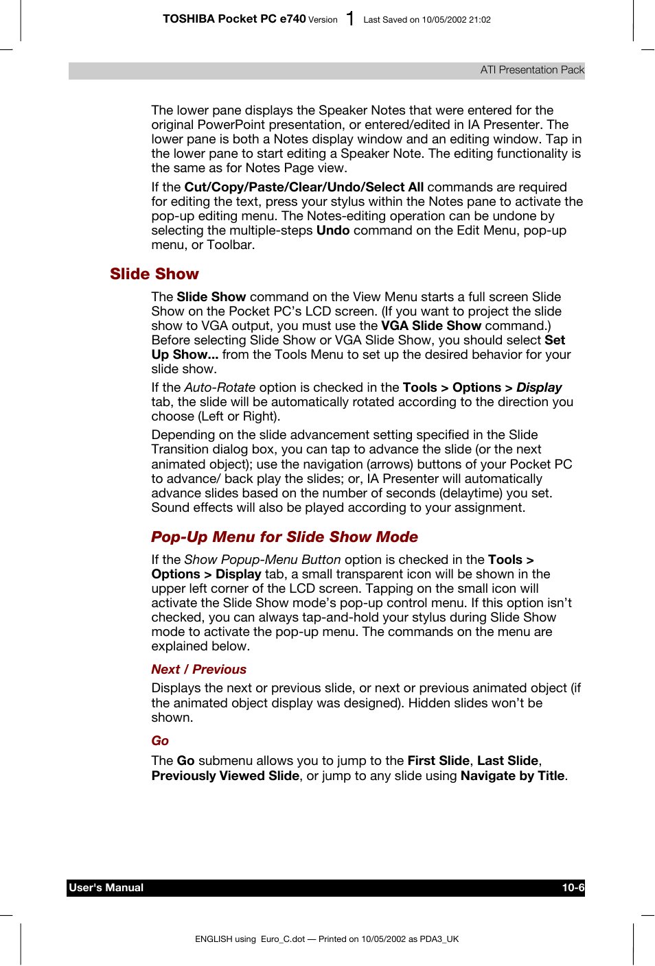 Slide show, Pop-up menu for slide show mode | Toshiba Pocket PC e740 User Manual | Page 147 / 182