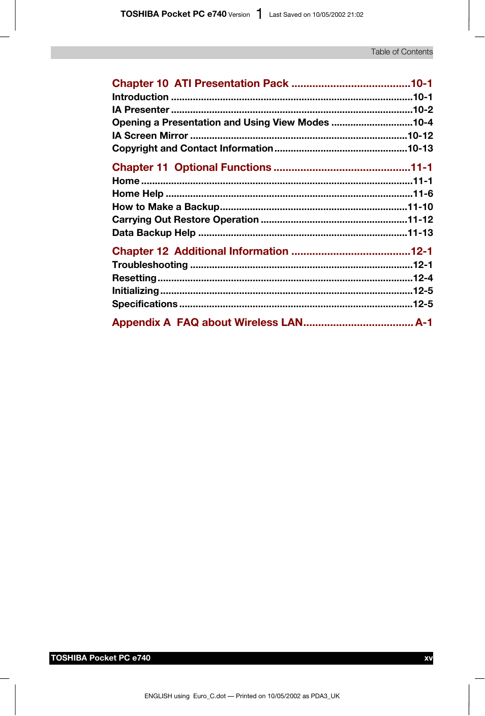 Toshiba Pocket PC e740 User Manual | Page 15 / 182