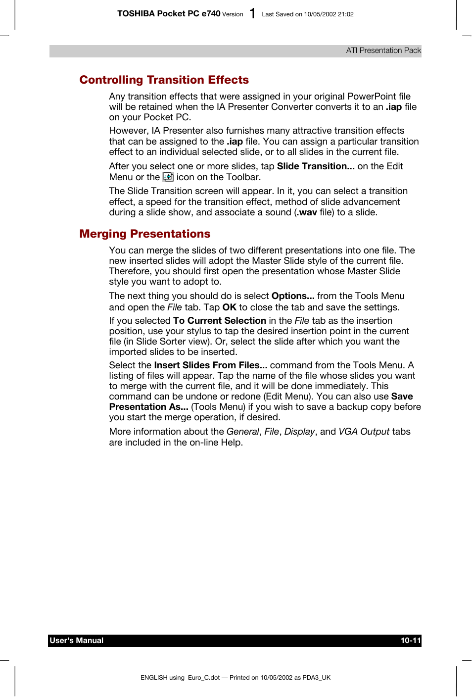 Controlling transition effects, Merging presentations | Toshiba Pocket PC e740 User Manual | Page 152 / 182