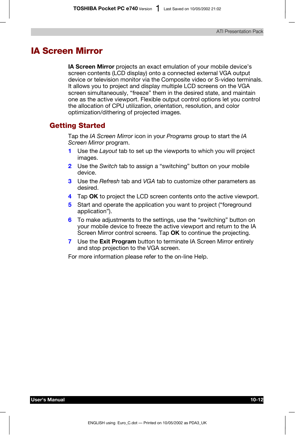 Ia screen mirror, Getting started | Toshiba Pocket PC e740 User Manual | Page 153 / 182