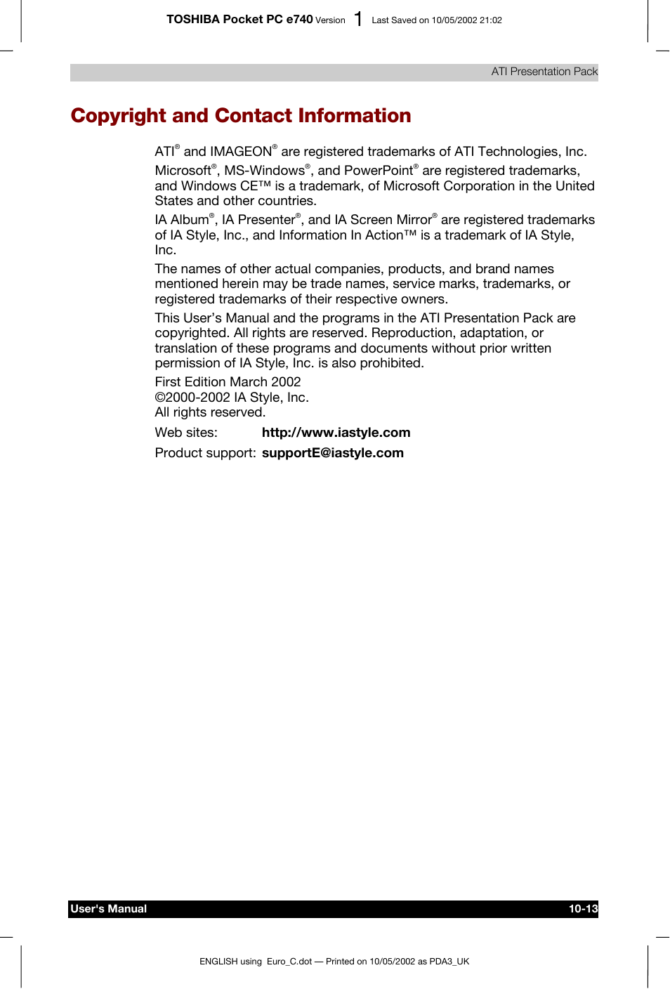 Copyright and contact information | Toshiba Pocket PC e740 User Manual | Page 154 / 182