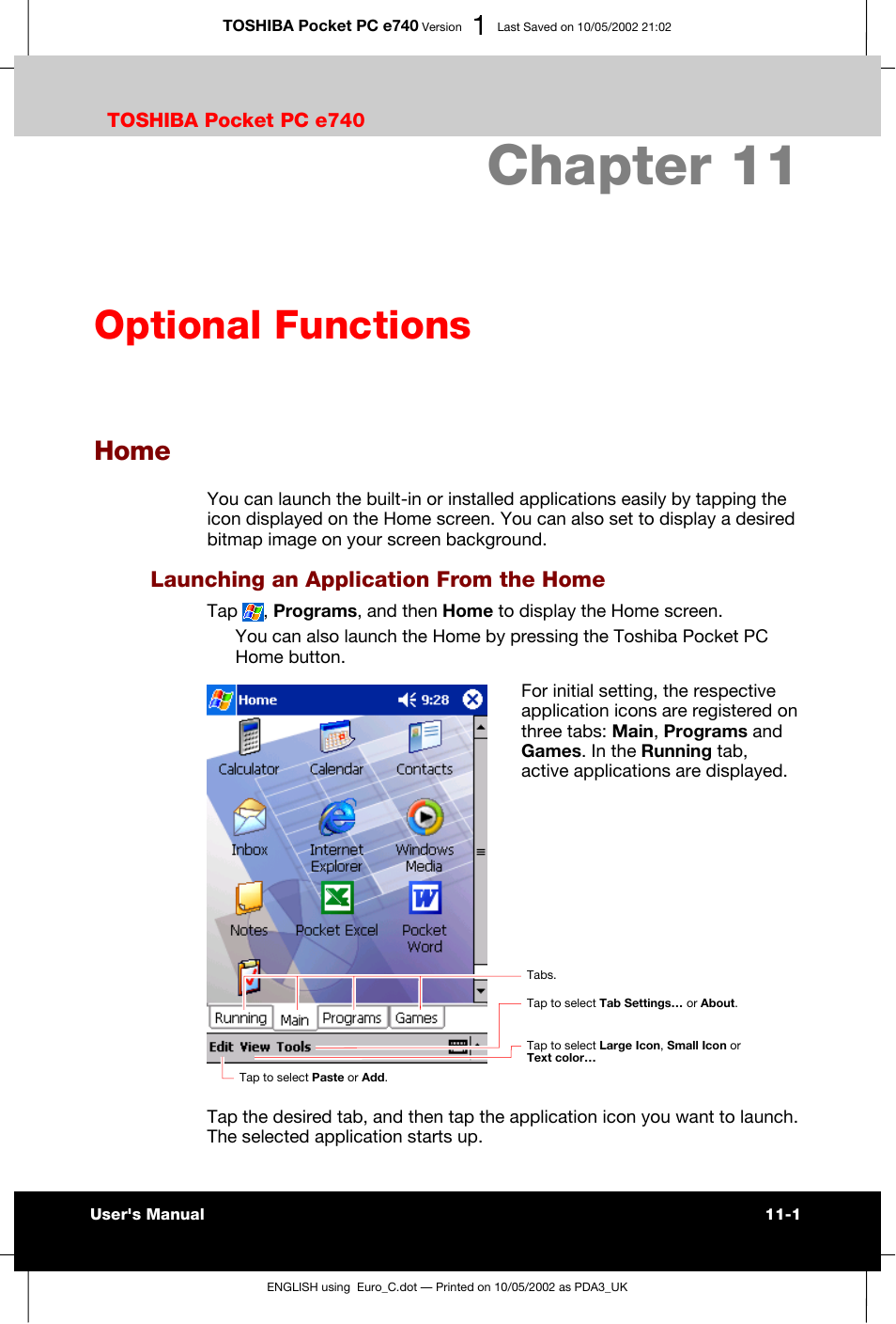 Optional functions, Home, Launching an application from the home | Chapter 11 | Toshiba Pocket PC e740 User Manual | Page 155 / 182