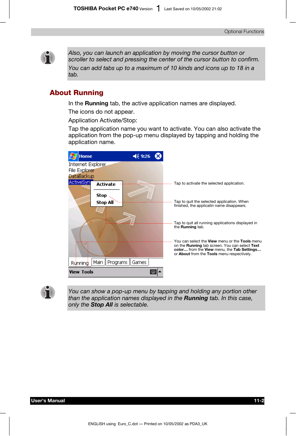 About running | Toshiba Pocket PC e740 User Manual | Page 156 / 182