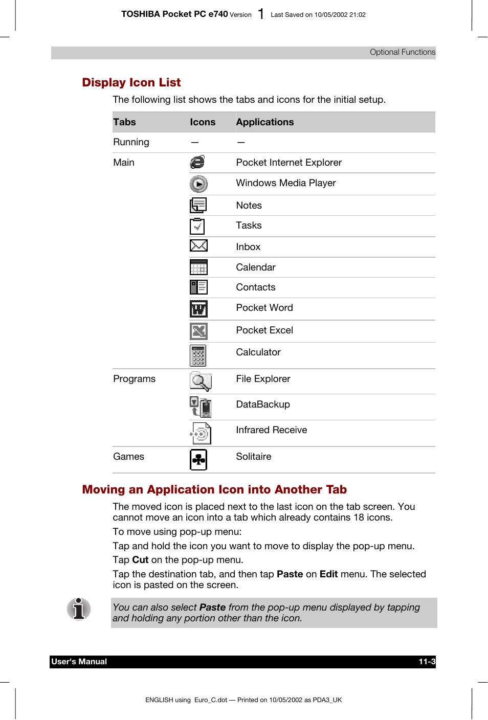 Display icon list, Moving an application icon into another tab | Toshiba Pocket PC e740 User Manual | Page 157 / 182