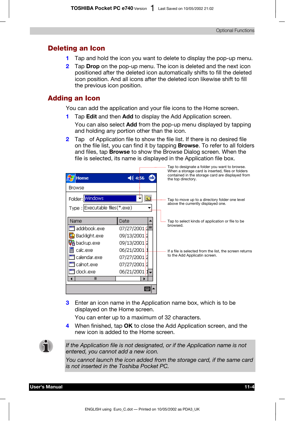 Deleting an icon, Adding an icon | Toshiba Pocket PC e740 User Manual | Page 158 / 182