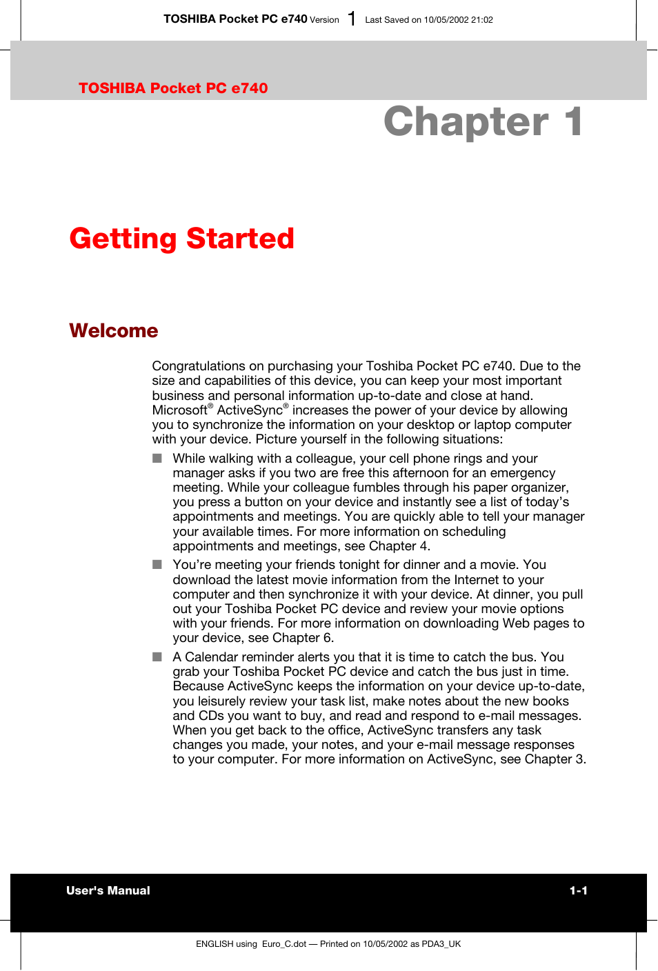 Getting started, Welcome, Chapter 1 | Toshiba Pocket PC e740 User Manual | Page 16 / 182