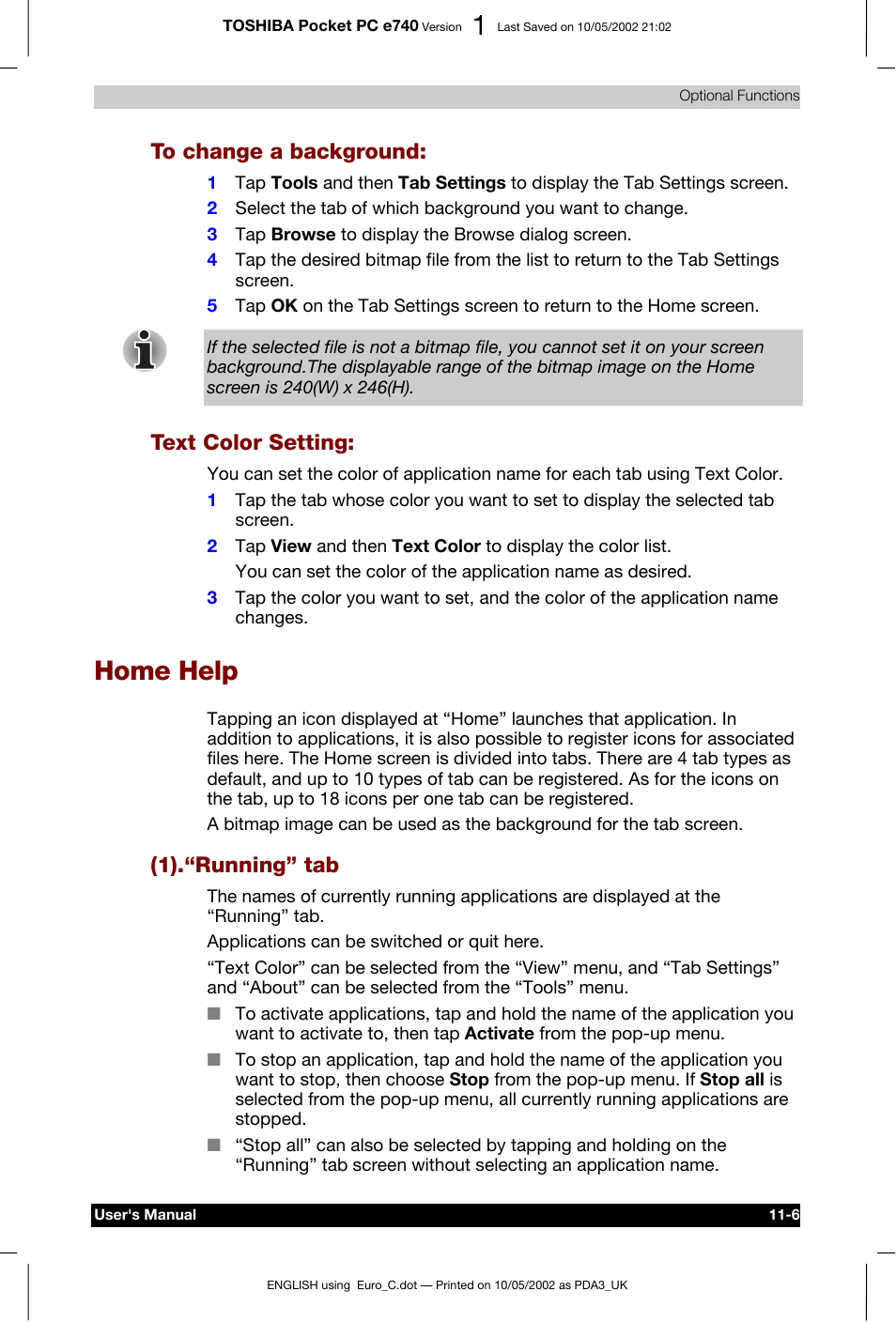 To change a background, Text color setting, Home help | 1).“running” tab | Toshiba Pocket PC e740 User Manual | Page 160 / 182