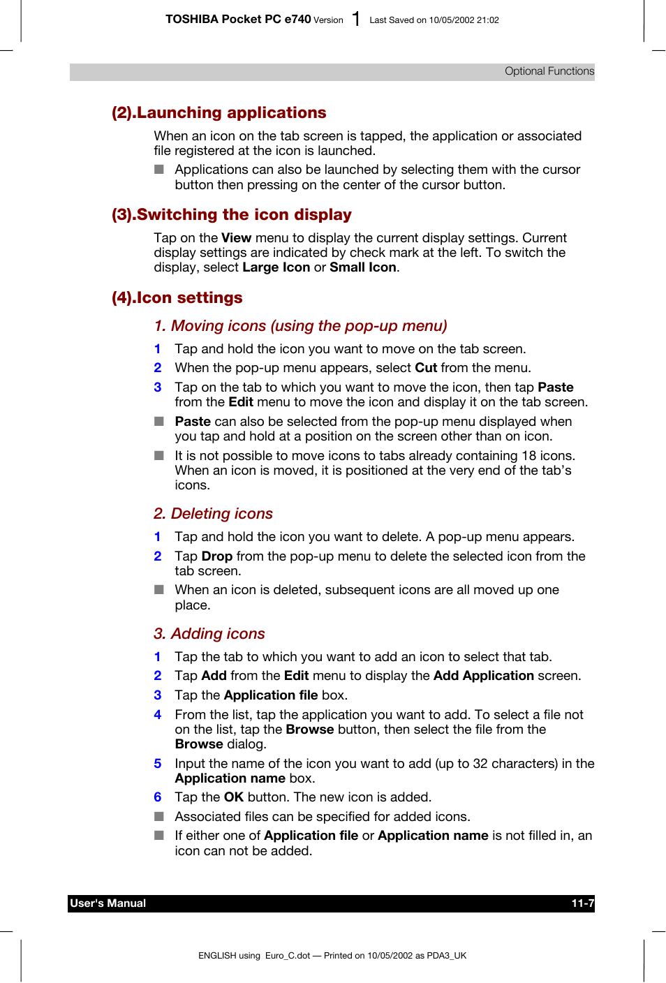 2).launching applications, 3).switching the icon display, 4).icon settings | Toshiba Pocket PC e740 User Manual | Page 161 / 182