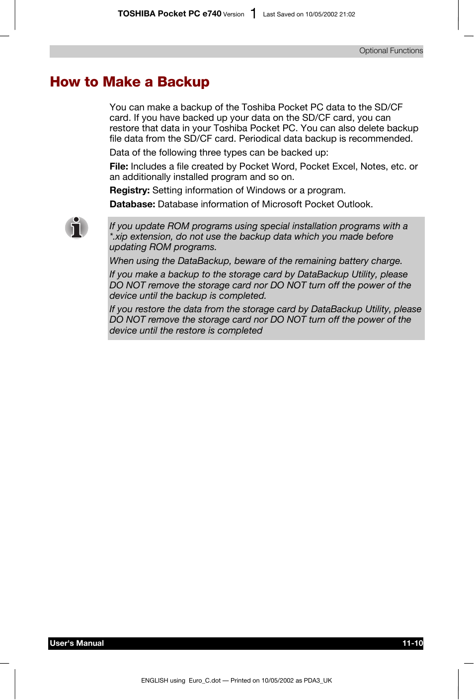How to make a backup | Toshiba Pocket PC e740 User Manual | Page 164 / 182