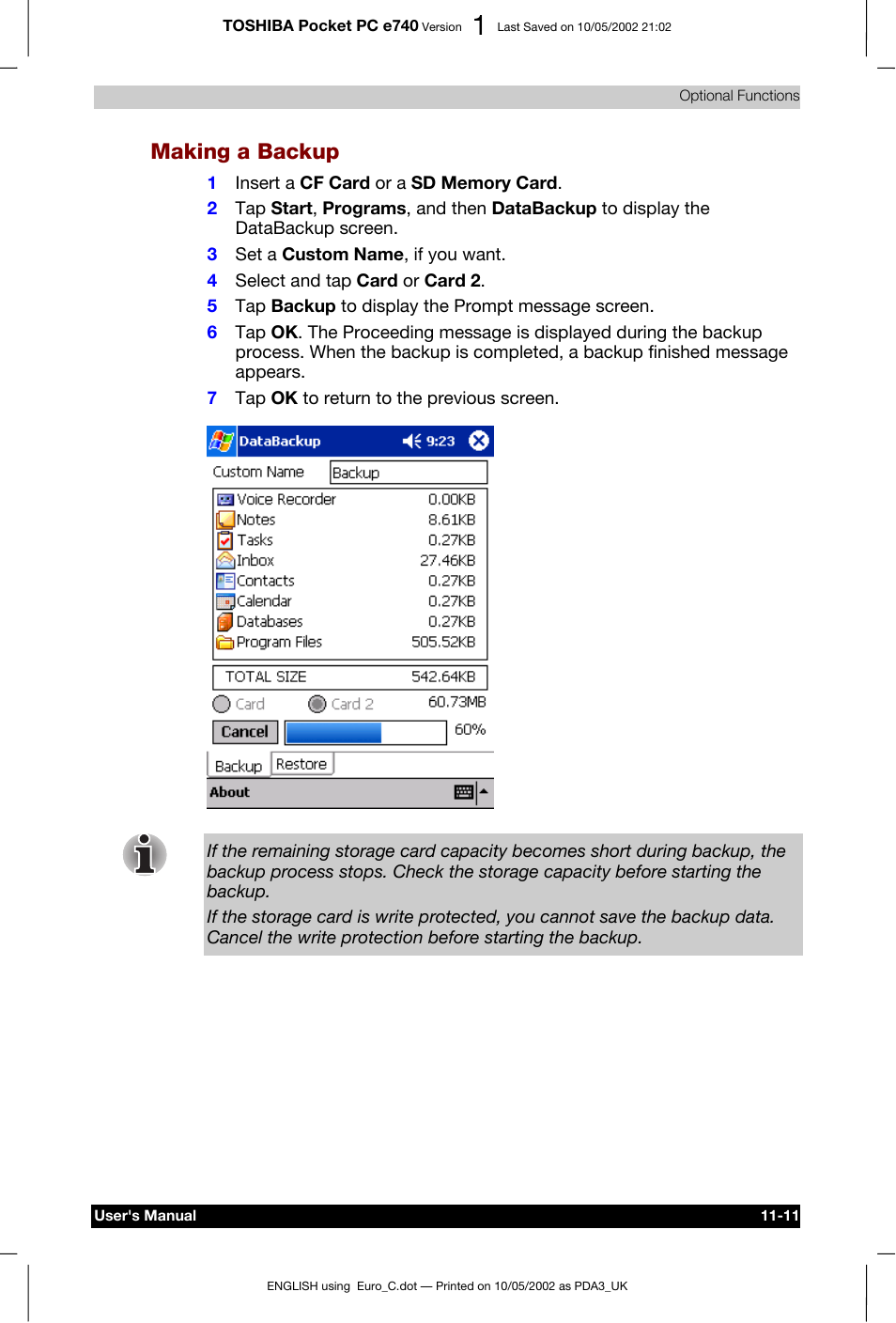 Making a backup | Toshiba Pocket PC e740 User Manual | Page 165 / 182