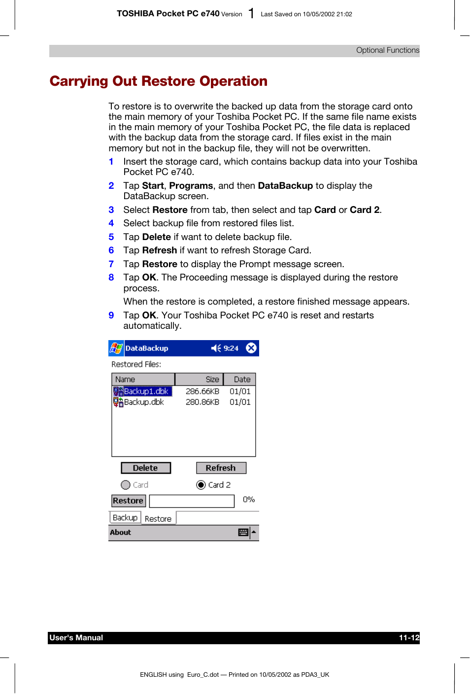 Carrying out restore operation | Toshiba Pocket PC e740 User Manual | Page 166 / 182
