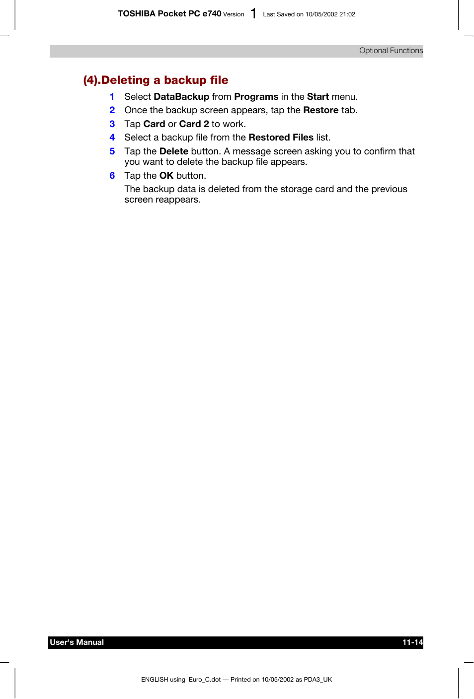 4).deleting a backup file | Toshiba Pocket PC e740 User Manual | Page 168 / 182