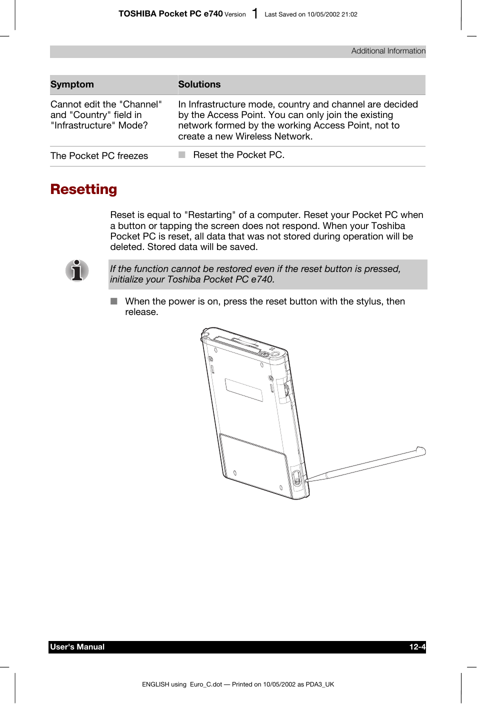 Resetting | Toshiba Pocket PC e740 User Manual | Page 172 / 182