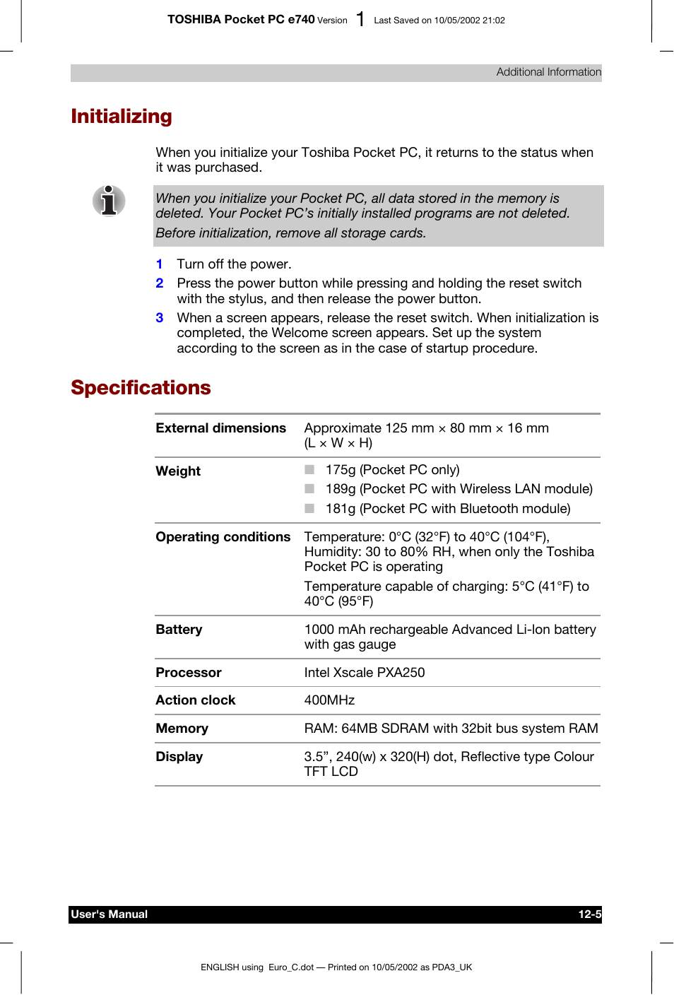 Initializing, Specifications | Toshiba Pocket PC e740 User Manual | Page 173 / 182