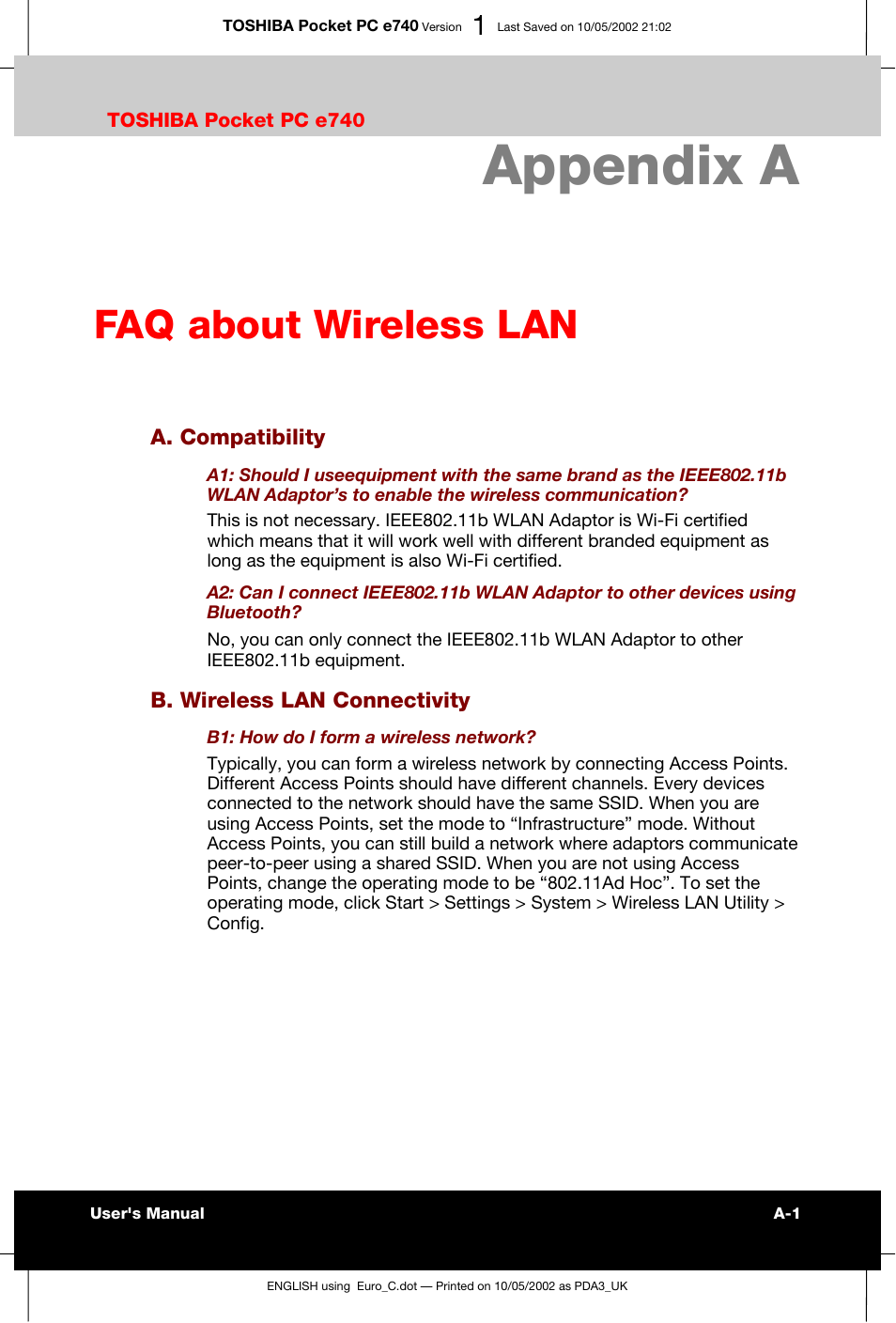 Faq about wireless lan, A. compatibility, B. wireless lan connectivity | Appendix a | Toshiba Pocket PC e740 User Manual | Page 175 / 182