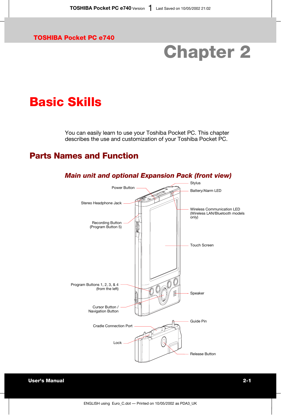 Basic skills, Parts names and function, Chapter 2 | Main unit and optional expansion pack (front view), Toshiba pocket pc e740 | Toshiba Pocket PC e740 User Manual | Page 18 / 182