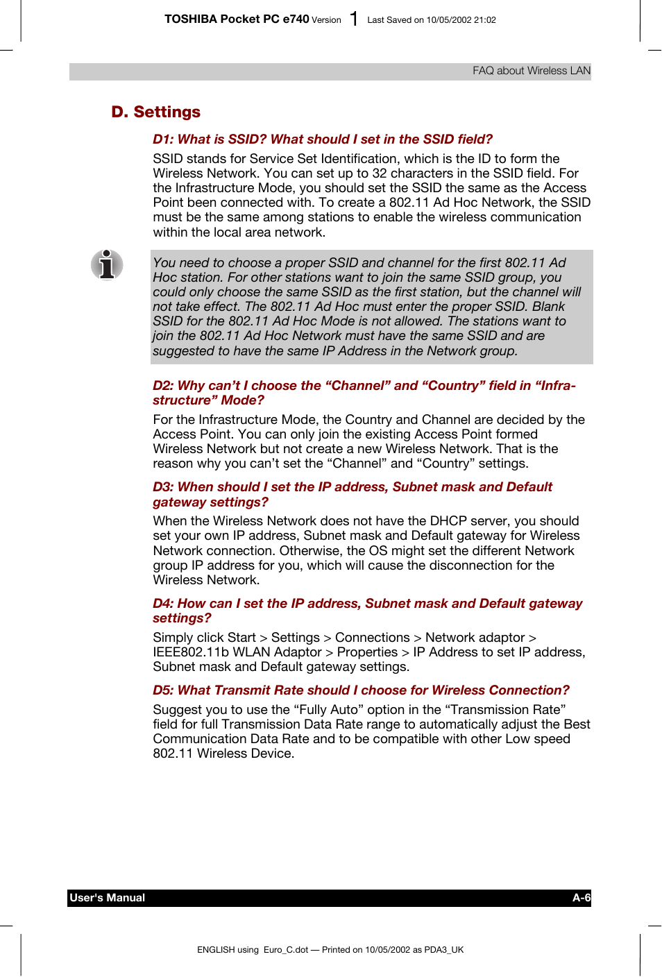 D. settings | Toshiba Pocket PC e740 User Manual | Page 180 / 182