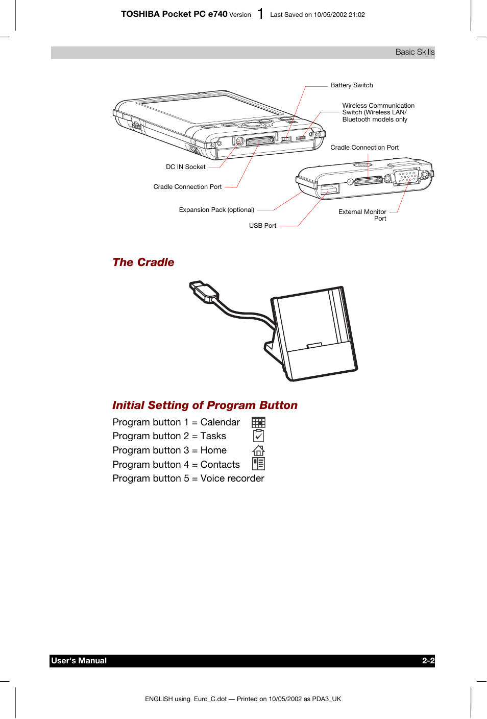 The cradle, Initial setting of program button | Toshiba Pocket PC e740 User Manual | Page 19 / 182