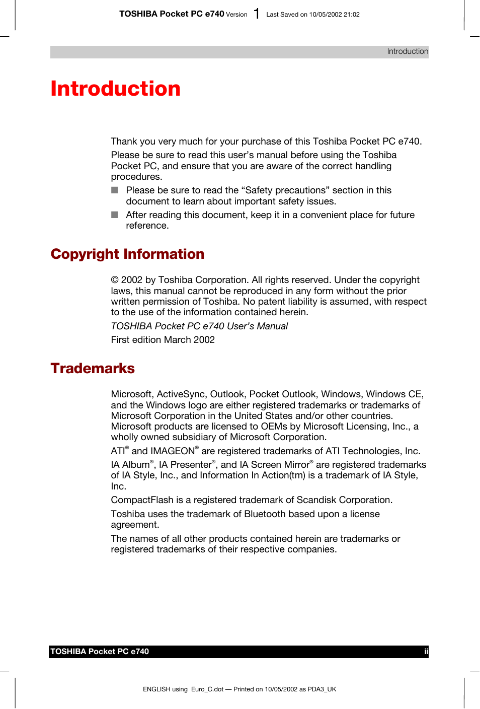 Introduction, Copyright information, Trademarks | Toshiba Pocket PC e740 User Manual | Page 2 / 182