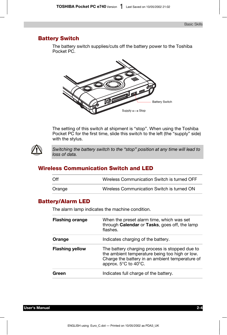 Battery switch, Wireless communication switch and led, Battery/alarm led | Toshiba Pocket PC e740 User Manual | Page 21 / 182