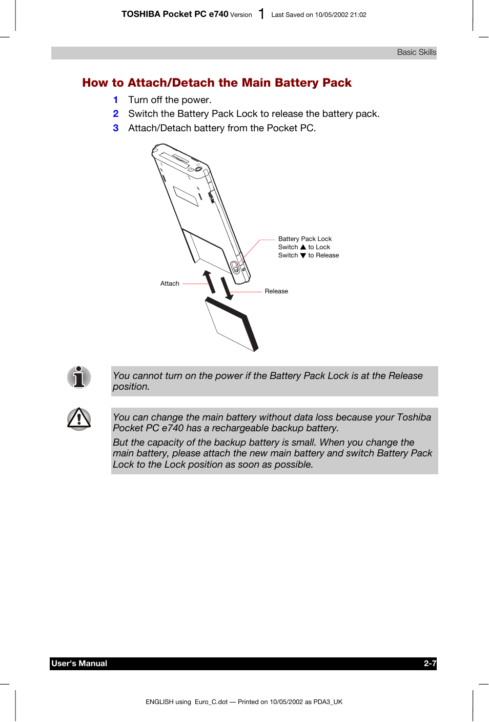 How to attach/detach the main battery pack | Toshiba Pocket PC e740 User Manual | Page 24 / 182