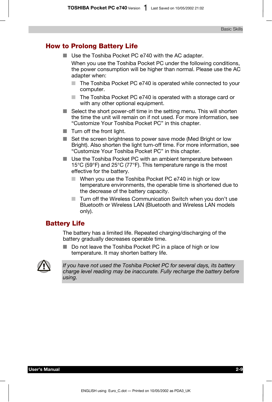 How to prolong battery life, Battery life | Toshiba Pocket PC e740 User Manual | Page 26 / 182