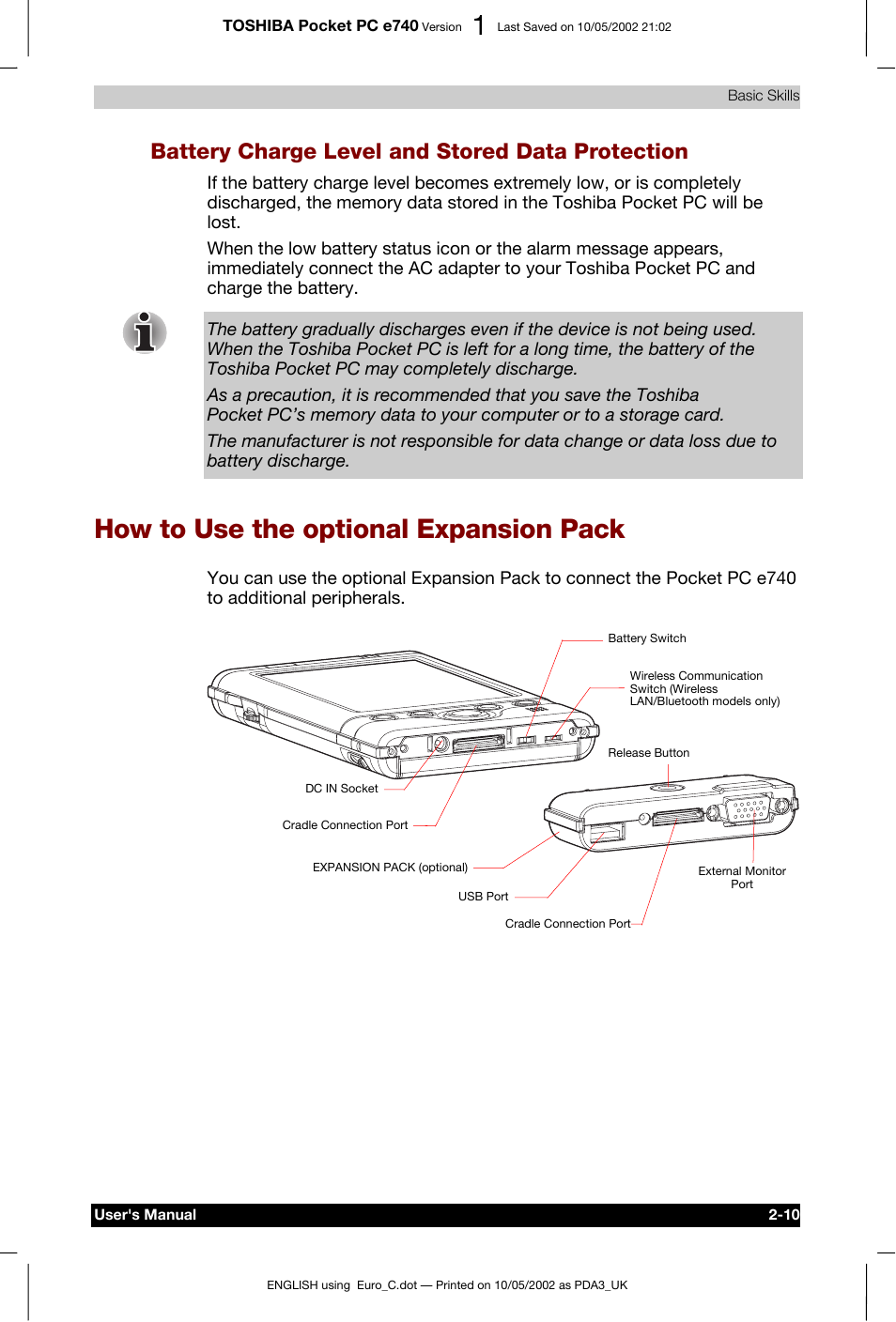 Battery charge level and stored data protection, How to use the optional expansion pack | Toshiba Pocket PC e740 User Manual | Page 27 / 182