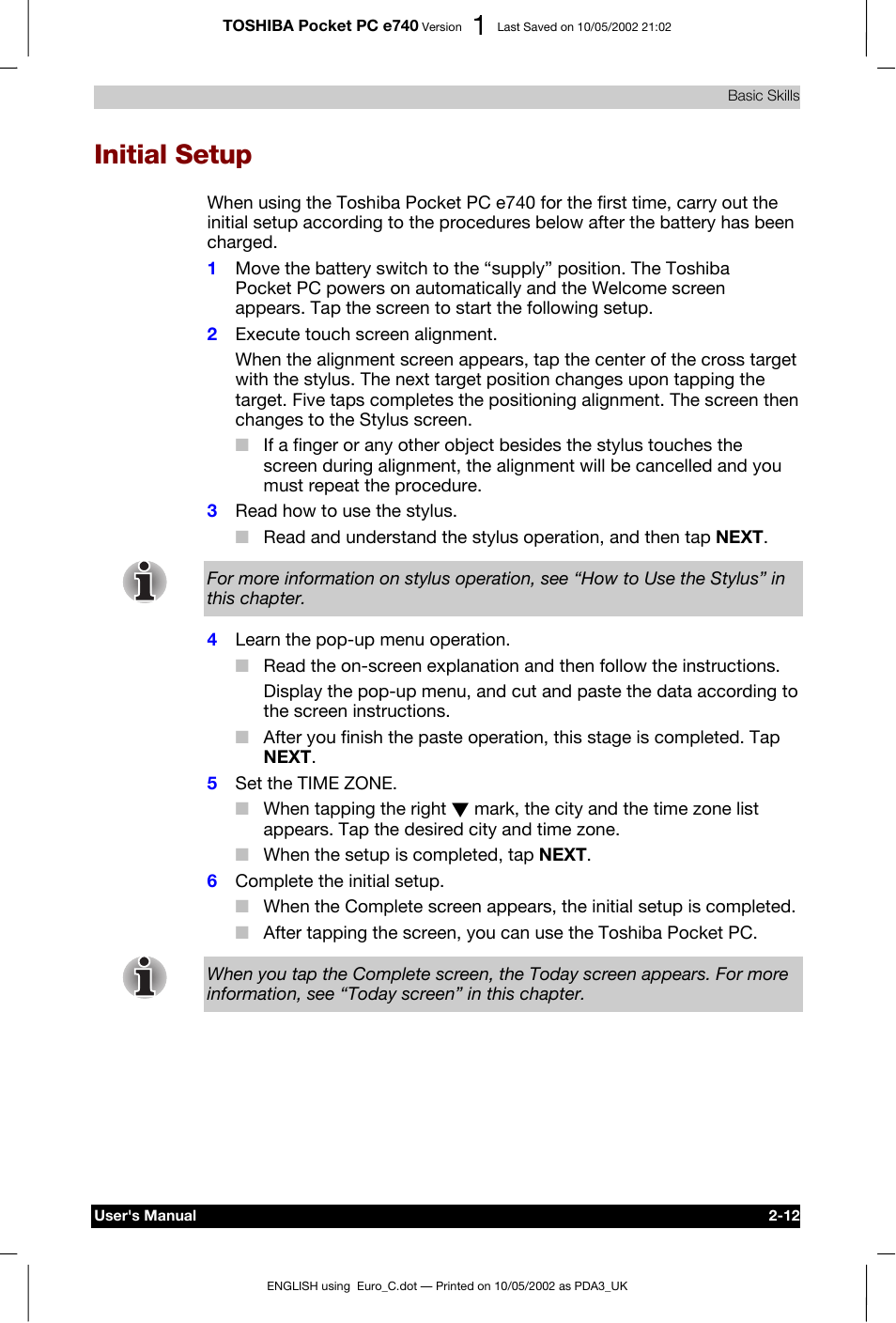 Initial setup | Toshiba Pocket PC e740 User Manual | Page 29 / 182