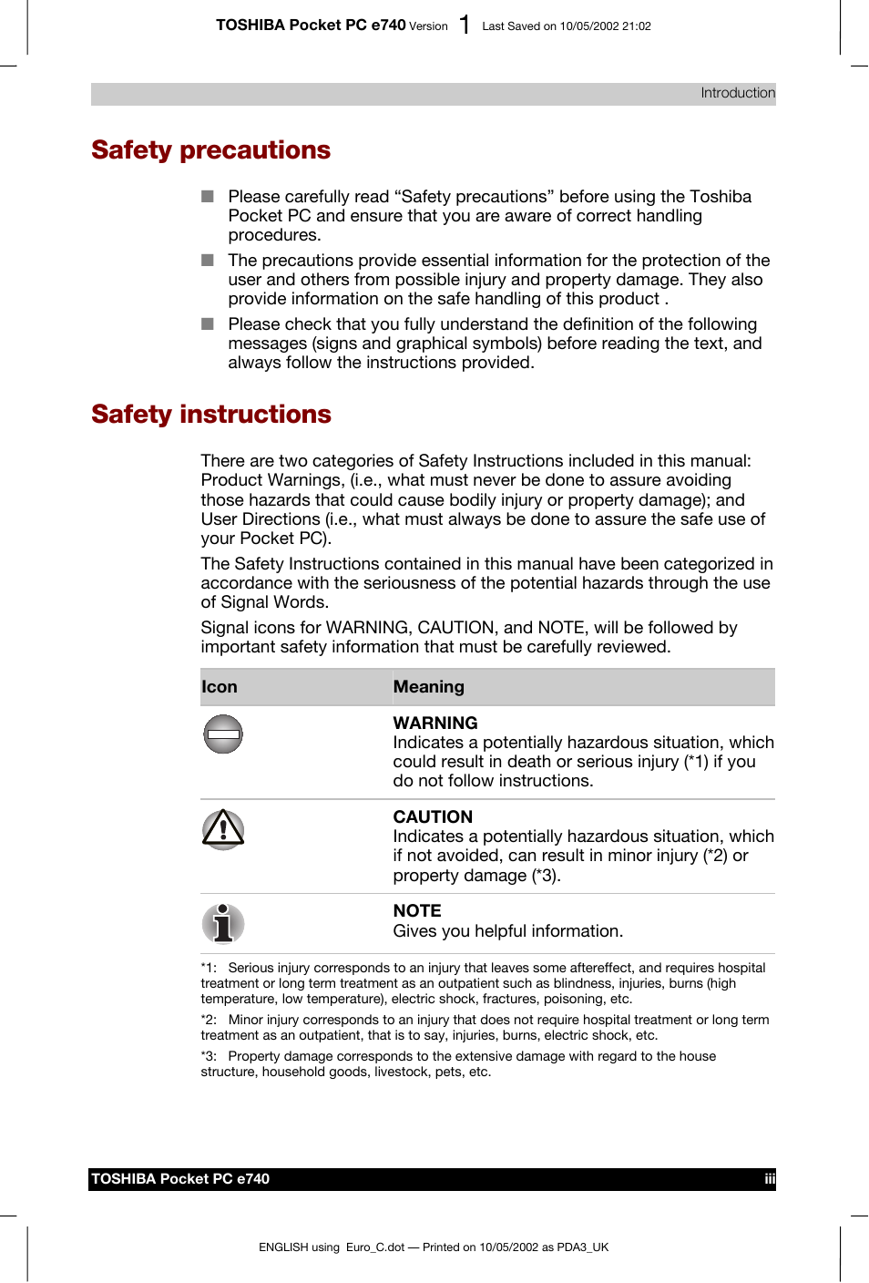 Safety precautions, Safety instructions | Toshiba Pocket PC e740 User Manual | Page 3 / 182