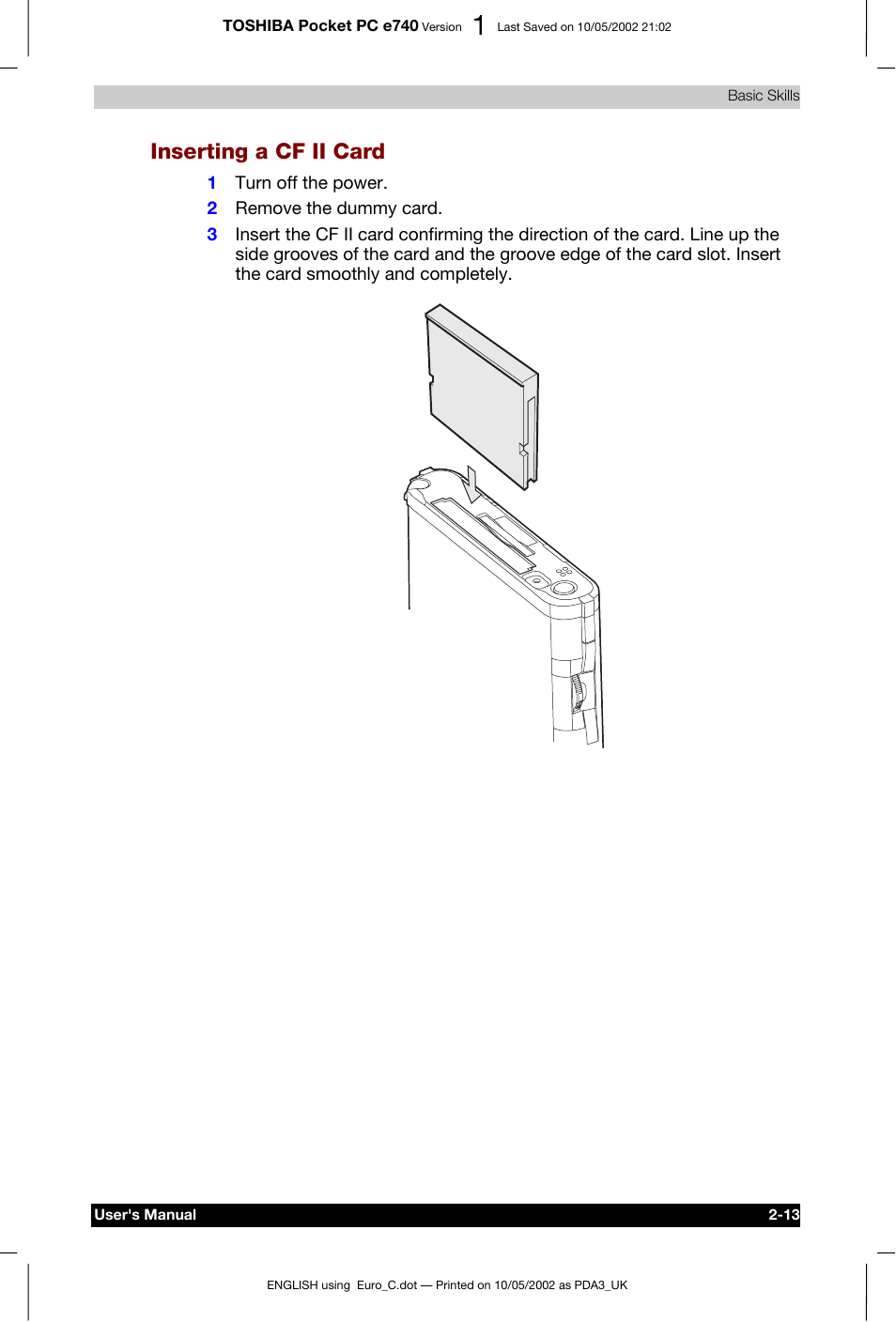 Inserting a cf ii card | Toshiba Pocket PC e740 User Manual | Page 30 / 182