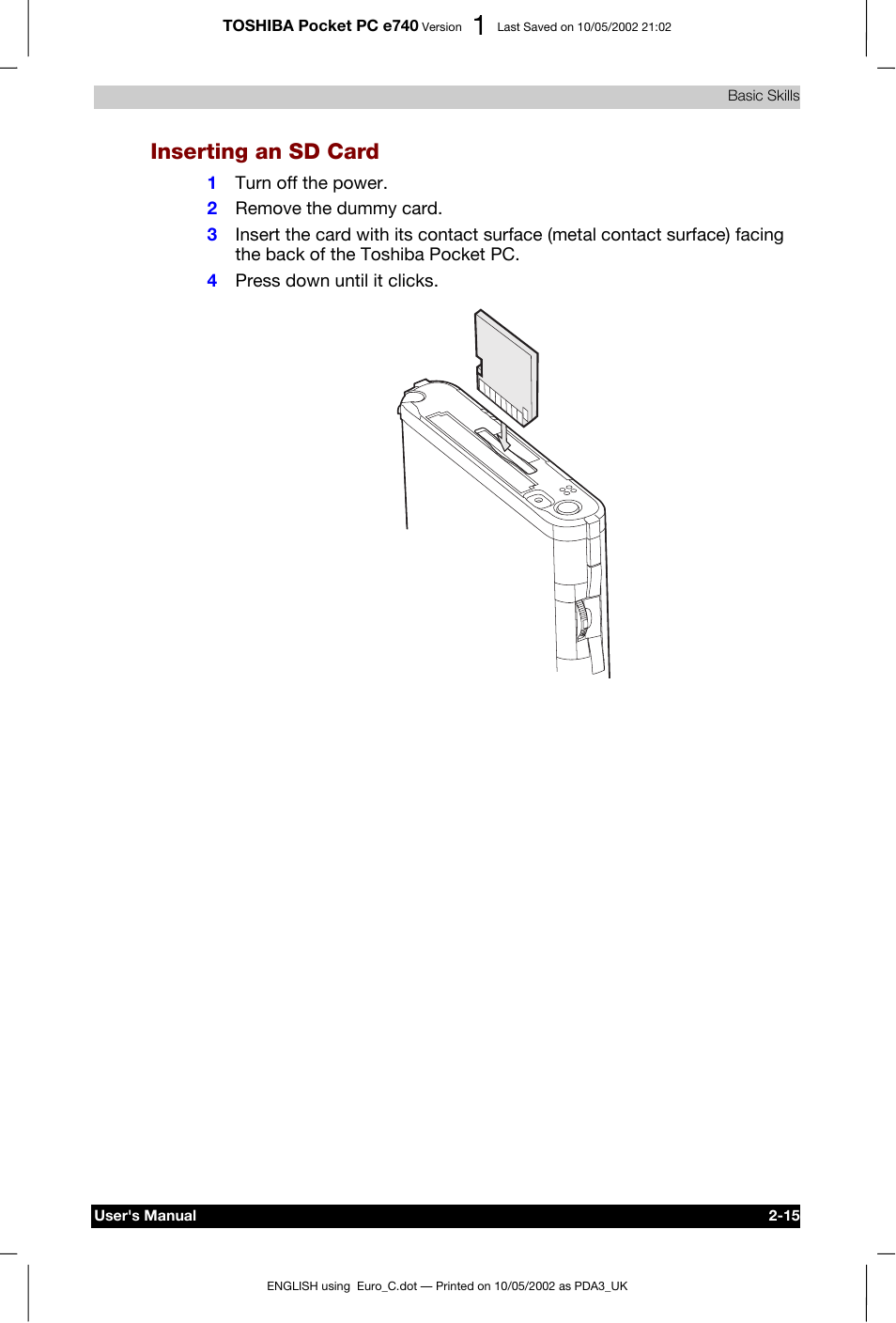 Inserting an sd card | Toshiba Pocket PC e740 User Manual | Page 32 / 182