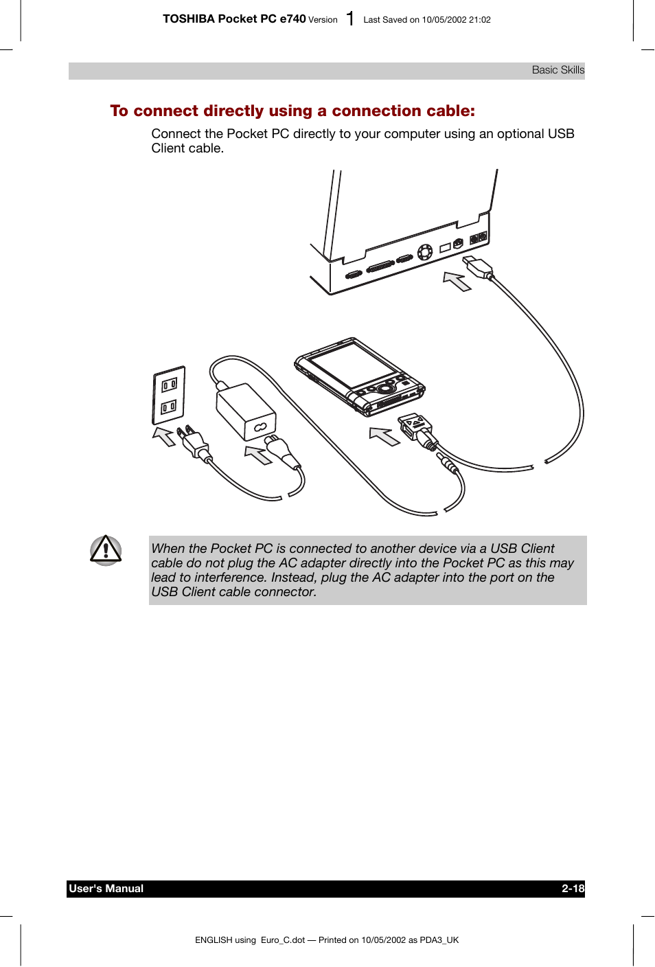 To connect directly using a connection cable | Toshiba Pocket PC e740 User Manual | Page 35 / 182