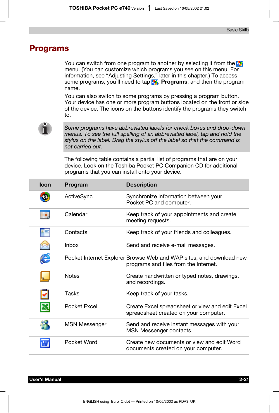 Programs | Toshiba Pocket PC e740 User Manual | Page 38 / 182