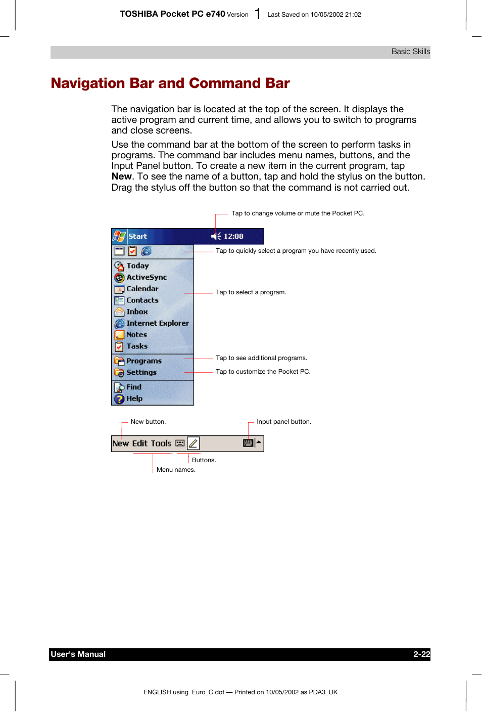 Navigation bar and command bar | Toshiba Pocket PC e740 User Manual | Page 39 / 182