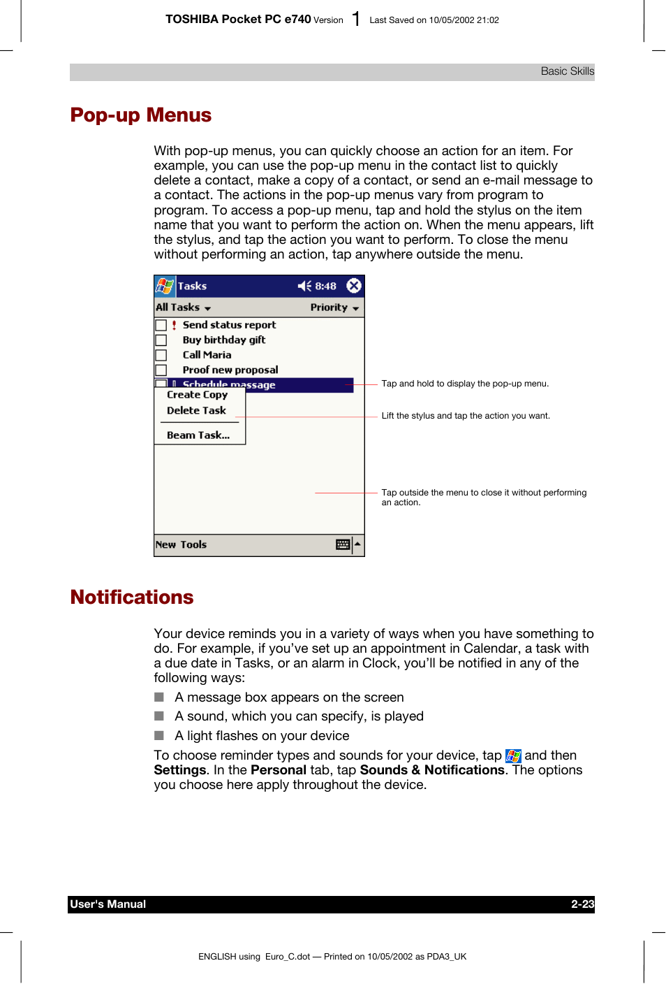 Pop-up menus, Notifications | Toshiba Pocket PC e740 User Manual | Page 40 / 182