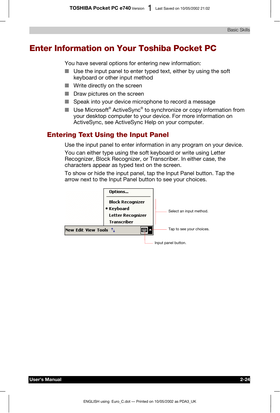 Enter information on your toshiba pocket pc, Entering text using the input panel, Pc -24 | Toshiba Pocket PC e740 User Manual | Page 41 / 182