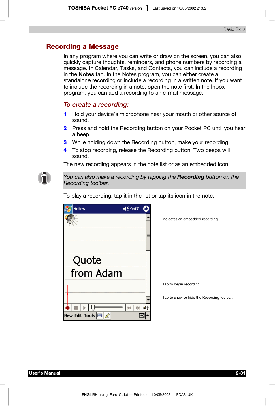 Recording a message | Toshiba Pocket PC e740 User Manual | Page 48 / 182