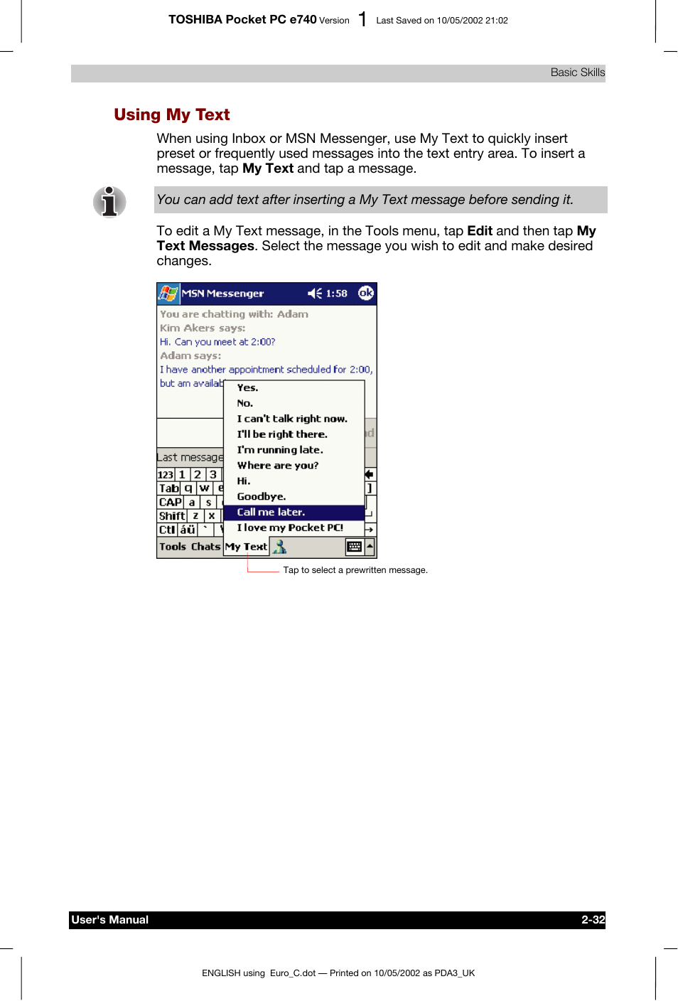Using my text | Toshiba Pocket PC e740 User Manual | Page 49 / 182