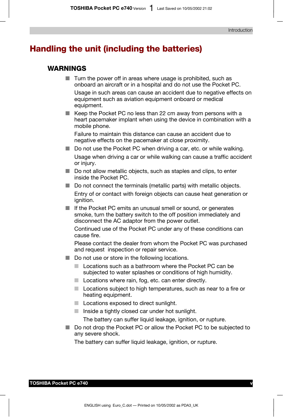 Handling the unit (including the batteries), Warnings | Toshiba Pocket PC e740 User Manual | Page 5 / 182