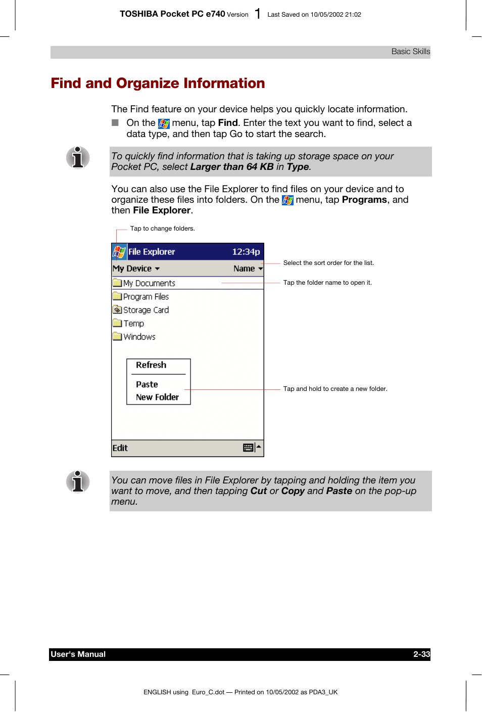 Find and organize information, N -33 | Toshiba Pocket PC e740 User Manual | Page 50 / 182