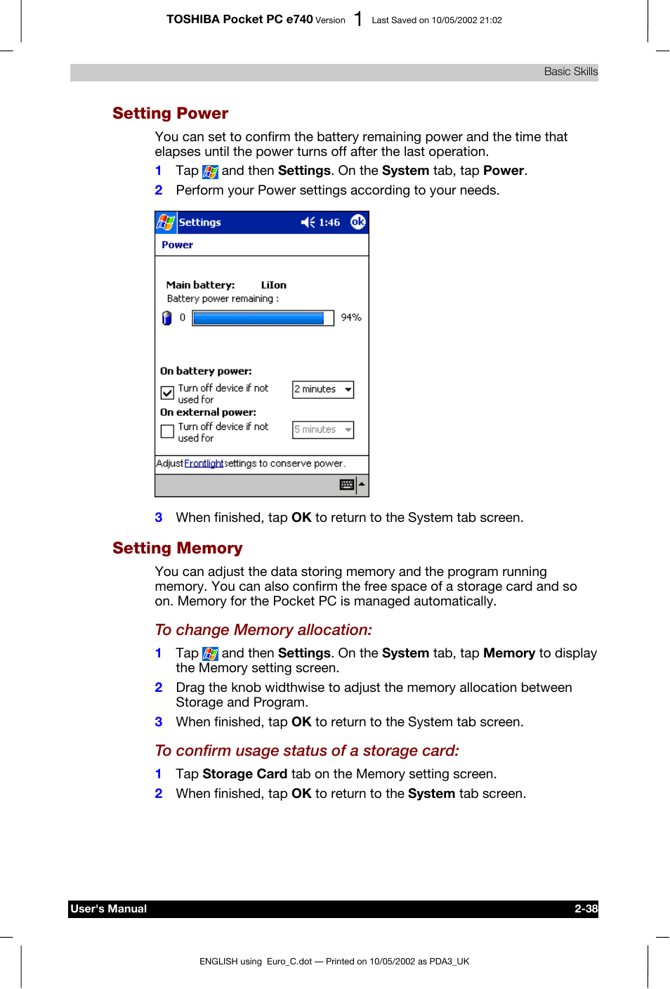 Setting power, Setting memory | Toshiba Pocket PC e740 User Manual | Page 55 / 182