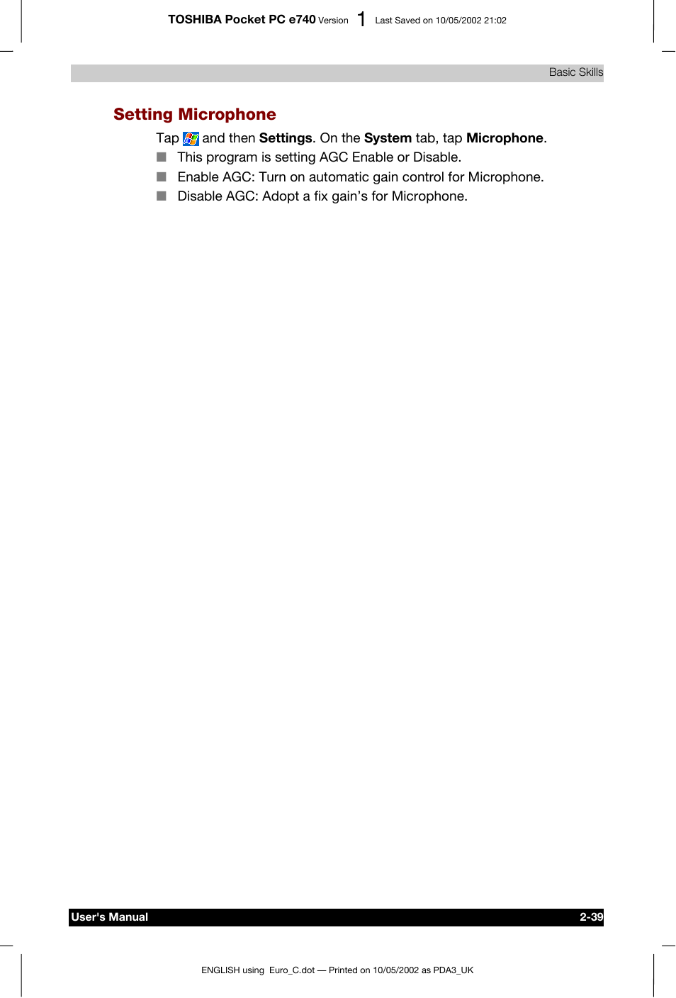 Setting microphone | Toshiba Pocket PC e740 User Manual | Page 56 / 182