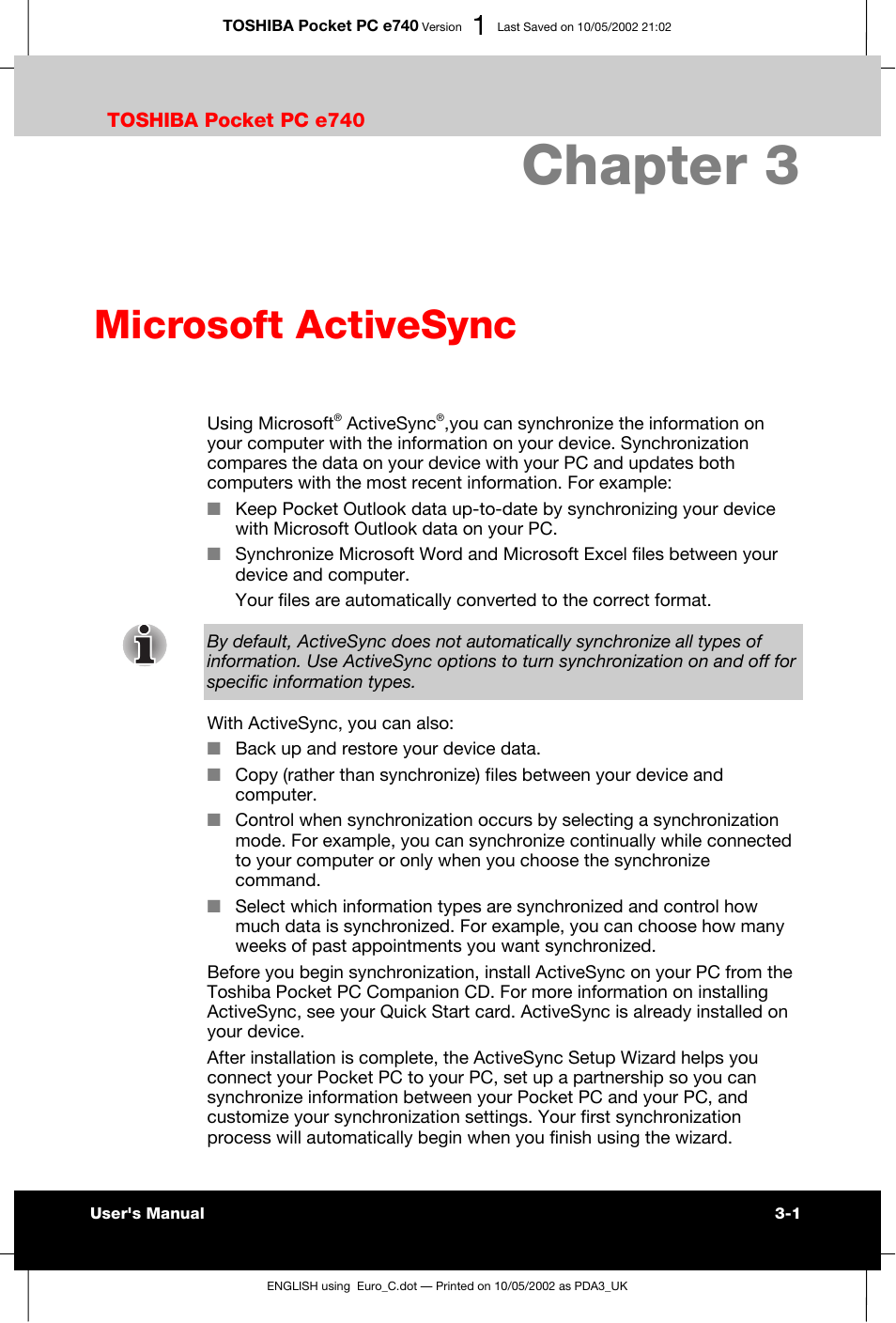 Microsoft activesync, Chapter 3 | Toshiba Pocket PC e740 User Manual | Page 57 / 182
