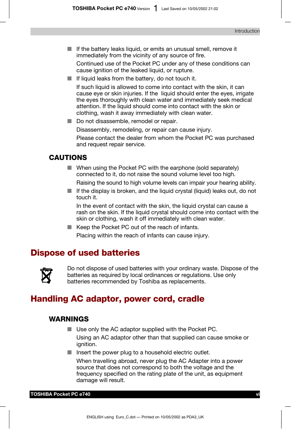 Dispose of used batteries, Handling ac adaptor, power cord, cradle, Cautions | Warnings | Toshiba Pocket PC e740 User Manual | Page 6 / 182