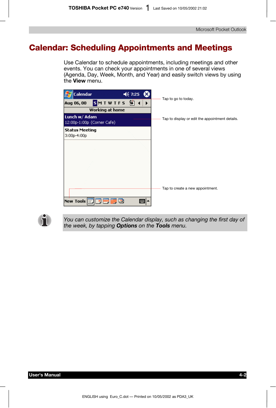 Calendar: scheduling appointments and meetings | Toshiba Pocket PC e740 User Manual | Page 60 / 182