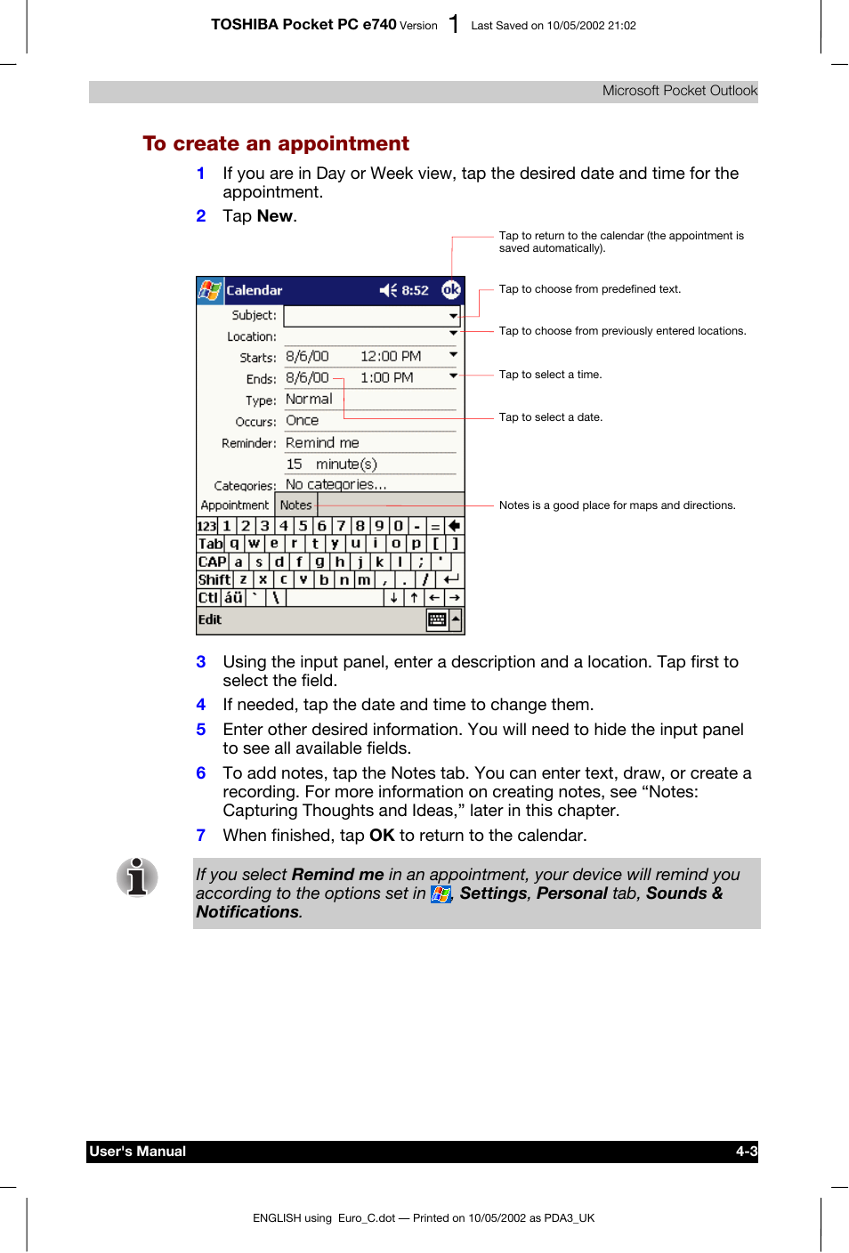 To create an appointment | Toshiba Pocket PC e740 User Manual | Page 61 / 182