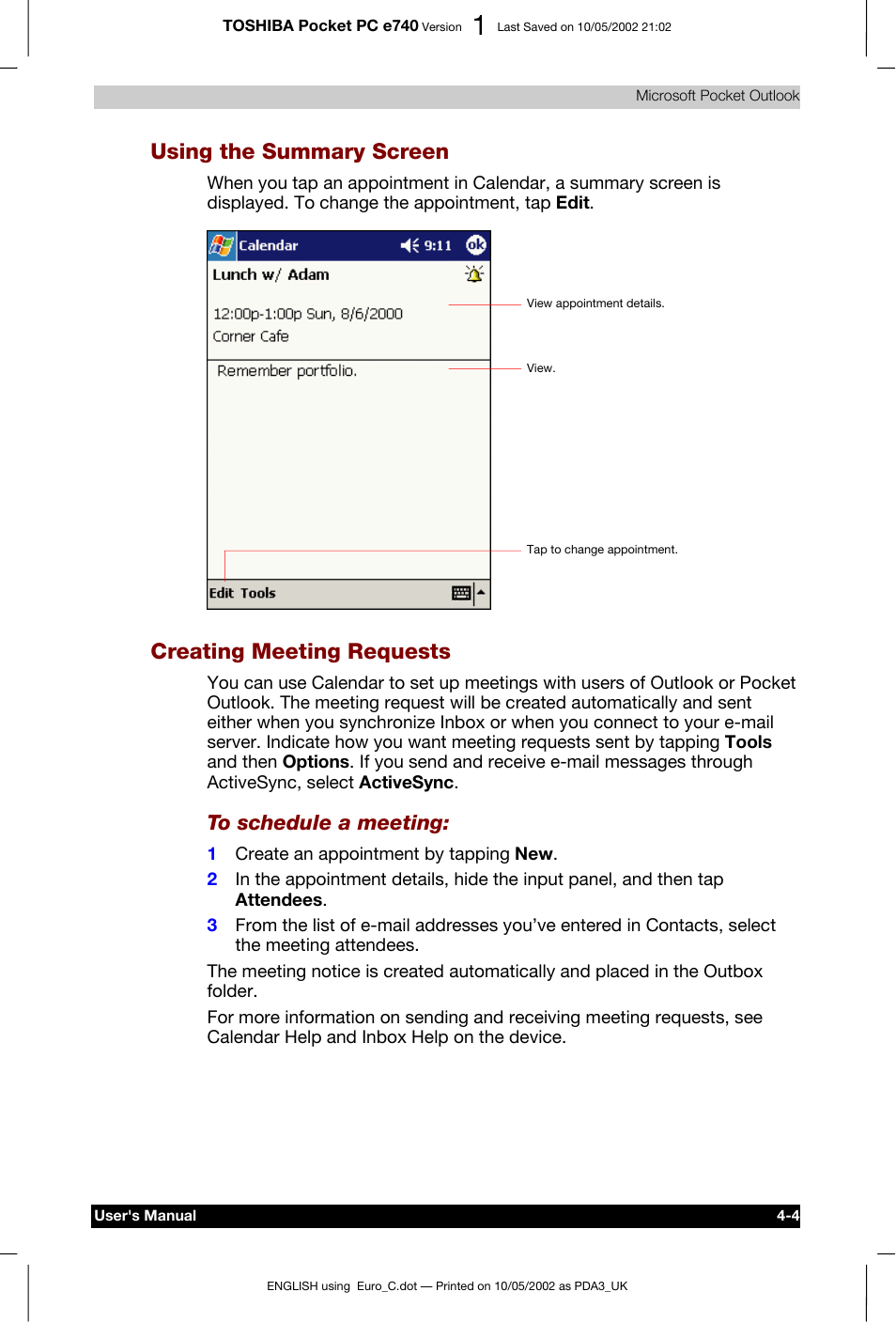 Using the summary screen, Creating meeting requests | Toshiba Pocket PC e740 User Manual | Page 62 / 182