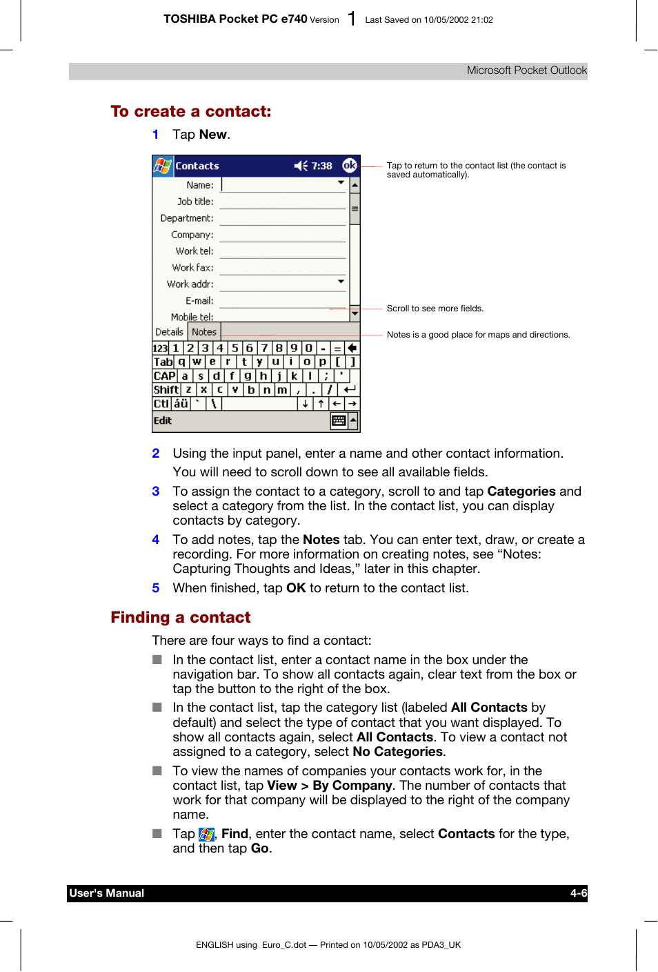 To create a contact, Finding a contact | Toshiba Pocket PC e740 User Manual | Page 64 / 182