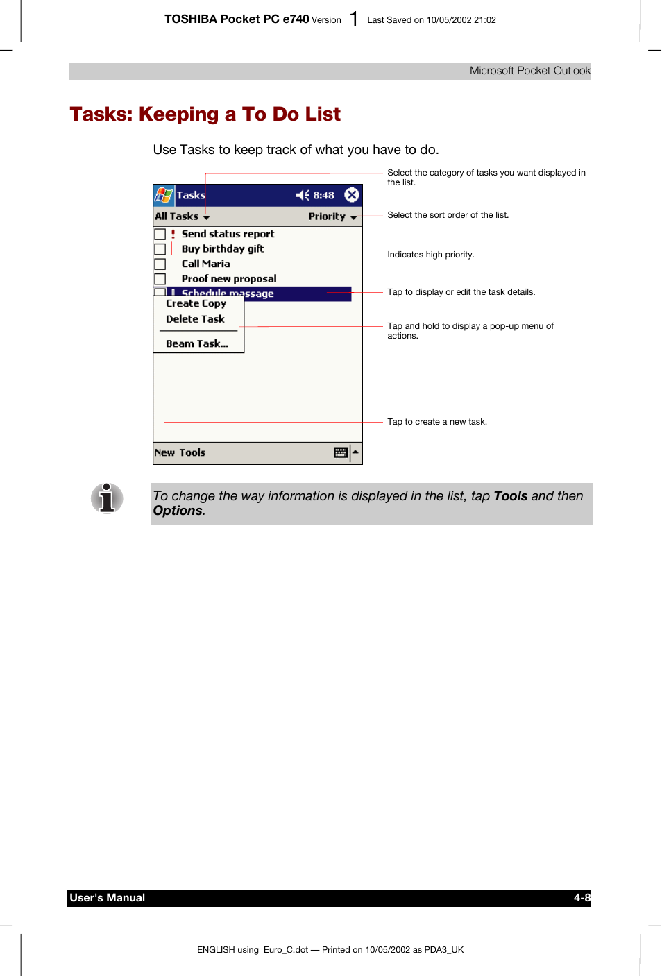 Tasks: keeping a to do list | Toshiba Pocket PC e740 User Manual | Page 66 / 182